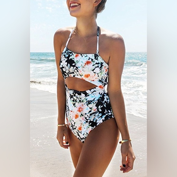 Cupshe Swimsuit One Piece Monokini White Black Floral L Large New - Picture 1 of 5